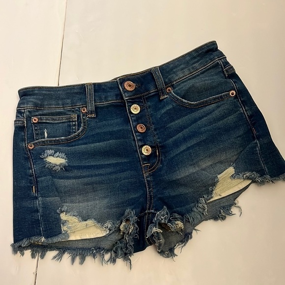 American eagle super stretch button fly distressed cut off denim shorts Sz 4 - Picture 1 of 9